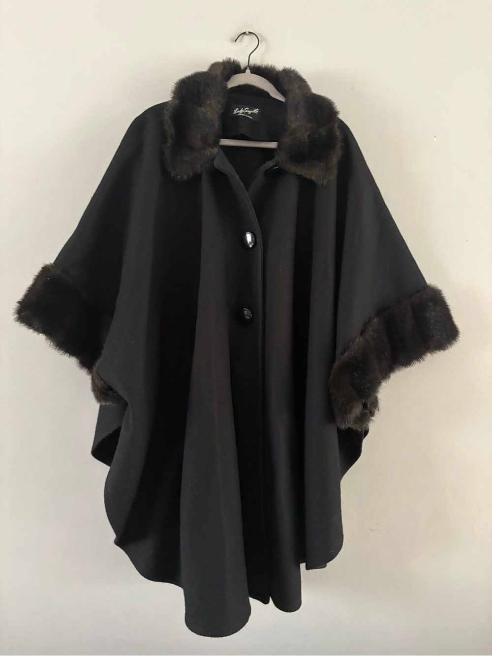 Lady Suzette Vintage Black Faux Fur Trim Wool Cape Coat